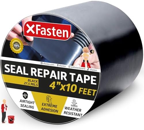 XFasten Waterproof Patch and Seal Tape, Black, 4-Inch by 10-Foot Roof and Gutter Rubber Repair Tape for Stop Leak Repair on Gutter, Roof, Boat, Pool Liner and HVAC – Waterproof and Puncture-Resistant