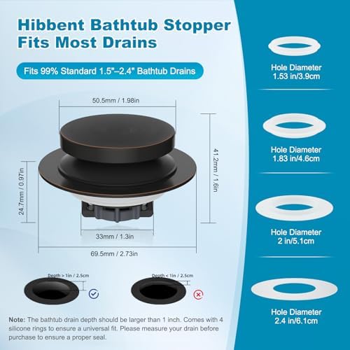 Hibbent 3 in 1 Metal Bathtub Drain Stopper, Universal Pop Up Tub Stopper