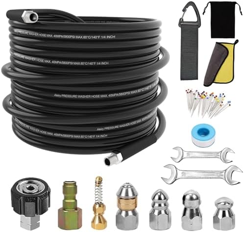 Sewer Jetter Kit for Pressure Washer,Water Jet Drain Cleaning Hose with Corner Rotating Button Spring Nose 1/4" NPT Sewer Cleaning Tool High-Pressure Nozzles,5800 PSI 100 FT