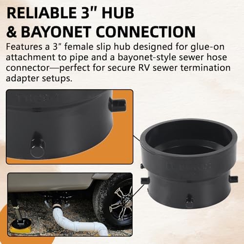 TonGass T1029-2 RV Sewer Termination Adapter with Thread Seal Tape | 3" Hub x 3" Bayonet RV Sewer Hose Termination Adapter, Camper Sewer Termination Adapter to 3" PVC