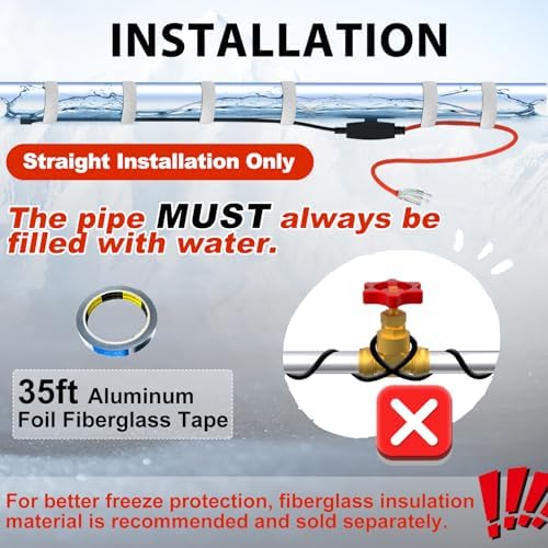 HEATIT ETL Certified 7W/ft Pipe Heating Cable with Thermostat 10 Feet | For metal & plastic water pipes, Straight-run installation, helps prevent frozen pipes during extreme winter conditions.