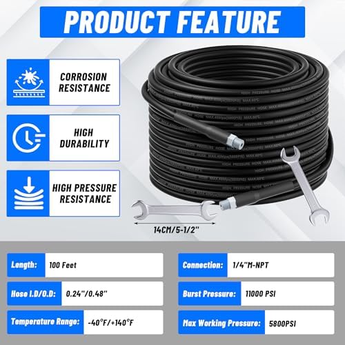Sewer Jetter Kit 100FT for Pressure Washer 5800PSI Drain Cleaner Hose | 1/4" NPT Corner Rotating, Button Hose Sewer Jetting Nozzle Waterproof Tape Pearl Corsage Pin with 2 Spanner