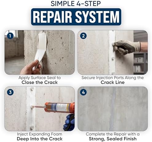 Concrete Crack Injection Kit DIY Basement Wall Crack Repair Polyurethane Leak Seal System Stops Active Water Leaks in Foundation Walls Easy No-Dig Injection Repair Kit - Ideal for DIY Projects