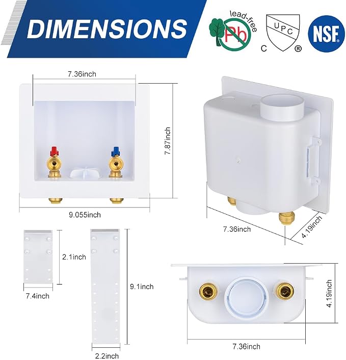 1 Piece EFIELD Push-FIT Washing Machine Outlet Box,Center Drain | 1/2"Push-fit Inlet x 3/4"MHT Outlet Washer Box-WM050(1)