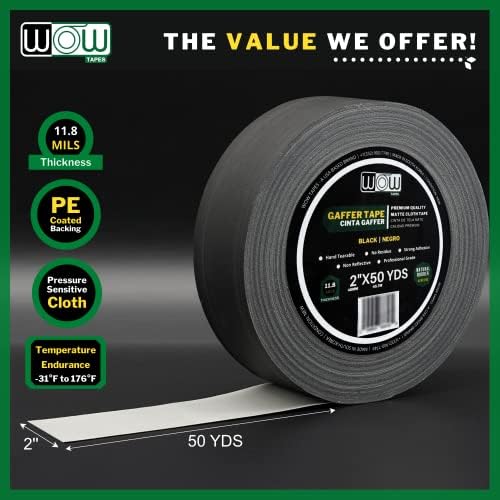 Wow Gaffers Tape 2 Inch Black - 50 Yards (Pack of 2), Residue Free, Non-Reflective & Heavy-Duty - Professional Grade Gaff Tape - Ideal for Photography Backdrop, Cables, Cords & Floor Taping