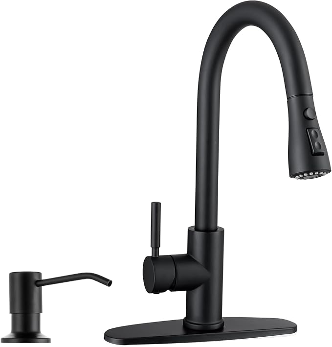 WEWE Kitchen Faucet with Soap Dispenser, 3-Mode Sprayer, Matte Black