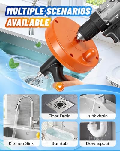 Drain Auger, 25FT Drain Snake with Drill Adapter, Flexible Plumbing Snake Clog Removal Tool with Gloves & Cloth Bag, Use Manually or Powered for Kitchen Bathroom Shower Sink