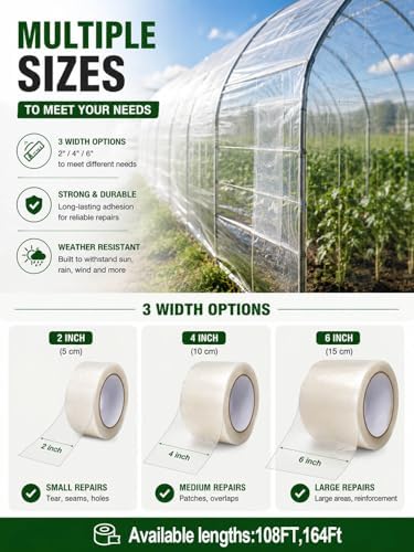 vensovo Greenhouse Covering Plastic Repair Tape - 6 mil Thickness 2″x108′ Garden Green House Sheeting, Plastic Polyethylene Film Repair Tape