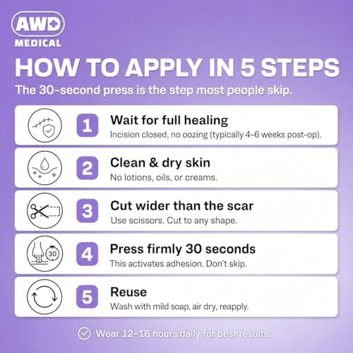AWD Medical Silicone Scar Tape, Medical Grade, 1.6in x 120in Pre-Cut | Reusable Silicone Scar Sheets, Pre-Cut for C-Section, Surgery, Keloid & Acne; Latex-Free, Water-Resistant, FSA Eligible
