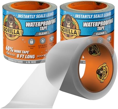 GORILLA Waterproofing Tape, Permanent Seal, Clear, 4" x 8', 2-Pack