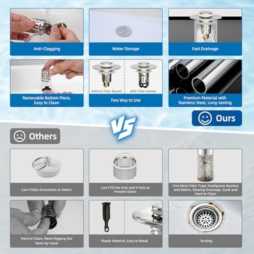 Hibbent 3 PCS Upgraded 3 in 1 Bathroom Sink Drain Strainer, Pop Up Stopper