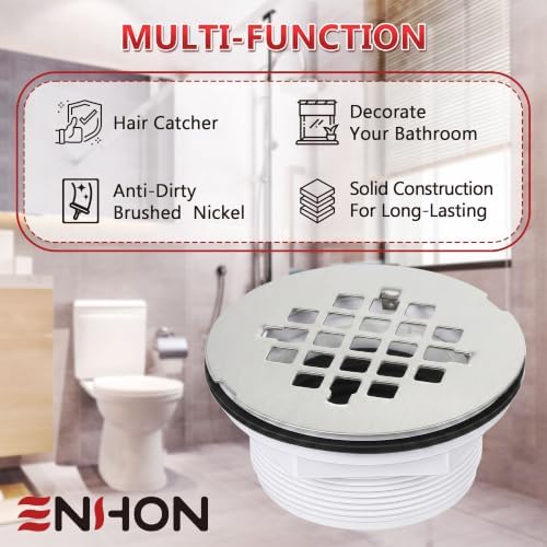 Enhon 4.25" OD Shower Drain Assembly, Snap in Shower Base Drain and Round Grid Strainer Cover, Fits 2 in. Schedule 40 ABS and PVC Pipes, Stainless Steel Cap, ABS Base(Silver,1 Pack)
