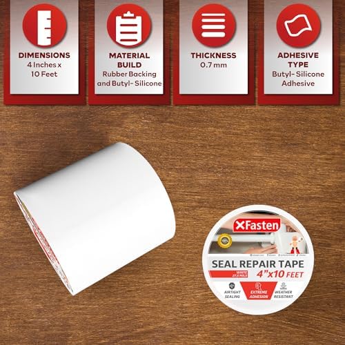 XFasten Waterproof Patch and Seal Tape, White, 4-Inch by 10-Foot Roof and Gutter Rubber Repair Tape for Stop Leak Repair on Gutter, Roof, Boat, Pool Liner and HVAC – Waterproof and Puncture-Resistant