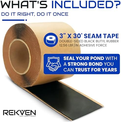 Pond Liner Seam Tape, Double Sided Butyl Adhesive, 30 Ft x 3 in | Bonds EPDM PVC HDPE LDPE RPE LLDPE, Waterproof Sealer, Repair and Patch, Fish Safe, Koi Ponds, Water Gardens