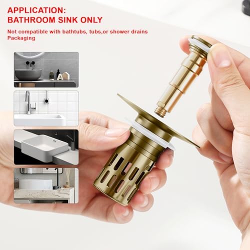 (All Metal) Bathroom Sink Stopper, Pop Up Drain Strainer for Bathroom Sink, Sink Plug Hair Catcher, Silent Popper Core w/Removable Filter Basket,Fit 1.05~2.0''Basin (Gold, 2 Pack)