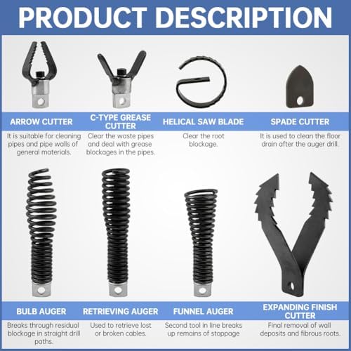 8-Piece Drain Snakes Drill Attachment, Used in 50FT-100FT Drain Cleaning Machine, Suitable for 5/16-inch to 3/4-inch Drain Snakes Cable, Tackle Tough Clogs with Precision