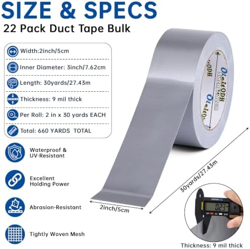 22 Pack Silver Duct Tape Bulk, 2 inch X 660 Yards, Heavy Duty Waterproof, Strong No Residue All-Weather Duct Tape, Tear by Hand, Multi-Use for Indoor & Outdoor Repairs, Industrial, Professional Use