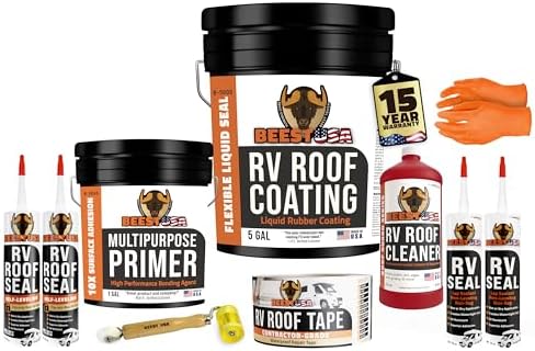 BEEST RV Roof Repair Kit Includes: Roof Coating 5G, EPDM Primer 1G, RV Cleaner 32 Oz, Non-Sag Lap sealant, Self-Leveling Lap Sealant, Seam Roller, Seam Tape & Gloves| Repair & Maintenance Bundle