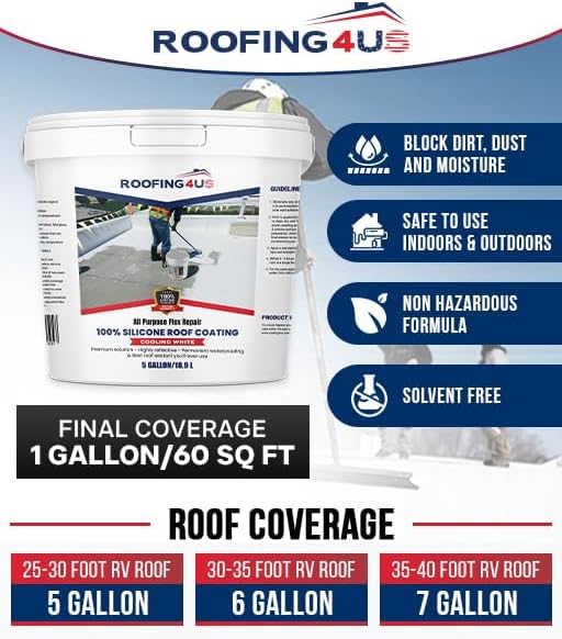 All-Purpose Flex Repair 100% Silicone Roof Sealant | Premium Waterproof Coating, Primer-Free, UV-Resistant, Long-Lasting Protection Against Leaks (Cooling White) (‎Cooling White, 4 Gallon)