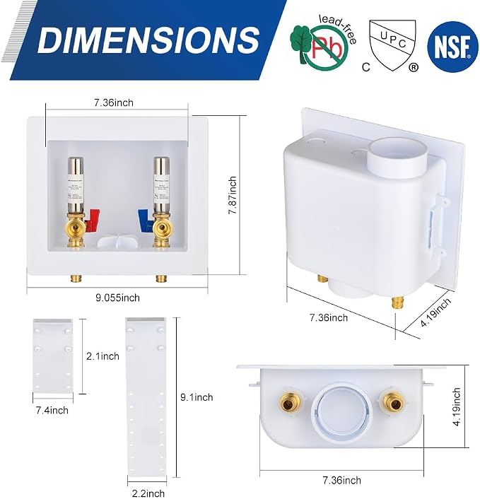 EFIELD Universal Washing Machine Outlet Box, 1/2-inch Pex-A Expansion Fitting Connection With Stainless Steel Water Hammer Arrestor, Center Drain,(WM053) (Pack of 2)