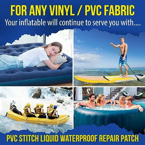 PVC Stitch Liquid Patch – Air Mattress Patch Kit Heavy Duty, Inflatable Patch Glue for PVC & PU, Inflatable Boats, Rafts, Kayaks, SUP, Hot Tubs, Waterbeds, Bounce Houses. Waterproof, 3-hr Cure, 20 ml