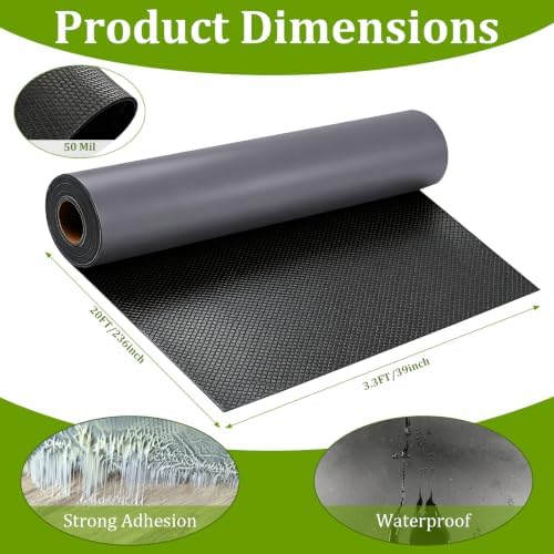 EPDM Rubber Roofing Membrane 39in × 20ft, 50 Mil Self-Adhesive Waterproof Underlayment, Ice and Water Flat Roof Sheet for RV, Shed, Garage, Patio