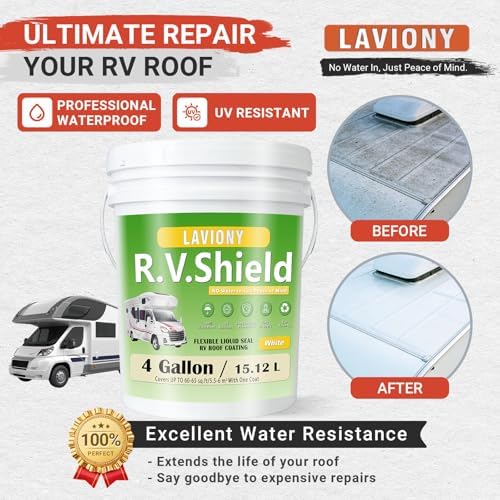 RV Roof Coating White– Self Leveling Elastomeric Rubber Sealant, Waterproof Cool Roof Solar Reflective Paint for Camper, Trailer, Motorhome, Metal Building & Leak Repair (4 Gallons)