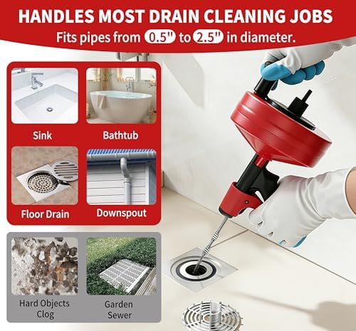Drain Snake 35 Ft with Drill Attachment, Auto Feed 1/4 Inch Plumbing Snake for Sink, Shower & Tub Clogs, Manual or Drill-Powered Drain Auger, with Gloves, Safety Glasses & Storage Bag
