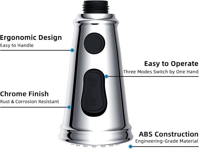 Hibbent Pull Down Kitchen Faucet Head Replacement, NSF/ANSI/CAN 61 & CUPC Certified 3-Function Sink Spray Nozzle with 15 Adapters, Compatible with Moen, Delta, Kohler Faucets-Chrome