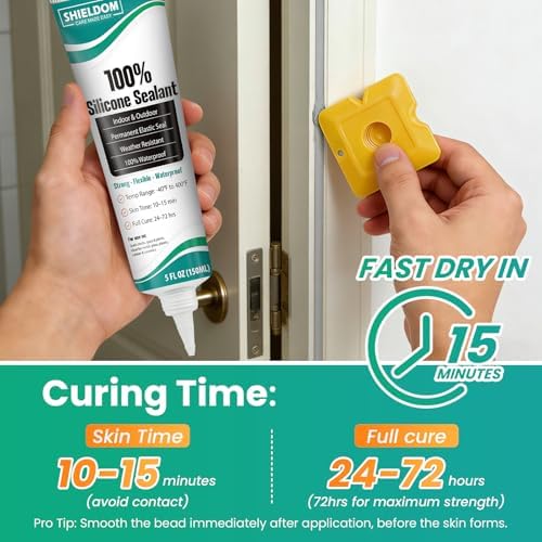 SHIELDOM Silicone Sealant Adhesive Silicone Caulk with Finishing Tool 100% Waterproof Seal Shrink & Crack Proof, Flexible, Strong Adhesion for Bathroom, Kitchen, Windows, Roof & Cars 150ML/5Oz (White)