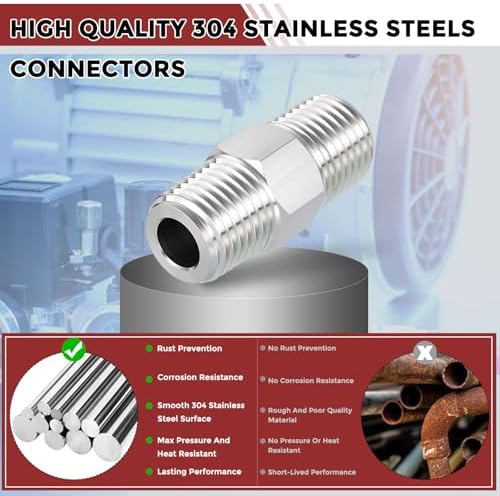 Pack of 5, 1/4" Male NPT to 1/4" Male NPT SUS304 Hex Nipple | Solid Male Pipe Adapter Hose Connectors with Sealing Tape for Pipe Repair, Bathroom Remodel, Tool Extensions, Compression