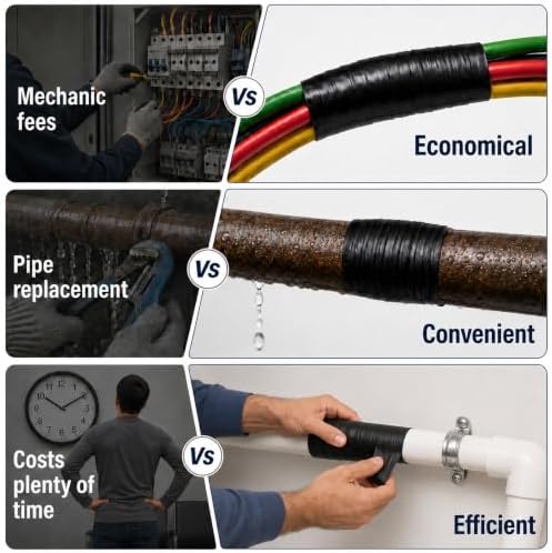 Self Fusing Silicone Tape (40 Ft Total) Plumbing Tape for Repaire Pipe | Flex Seal Tape, Black Rubber Tape Weatherproof for Electrical Cables/Drain Pipe, Heat Resistant 500°F