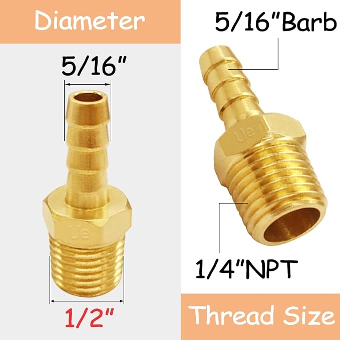 Uenede Brass 1/4" NPT Male to 5/16" Hose Barbed Fittings, 6PCS | Barb Pipe Fittings with Clamps Air Line Repair Connectors for Water Oil Gas