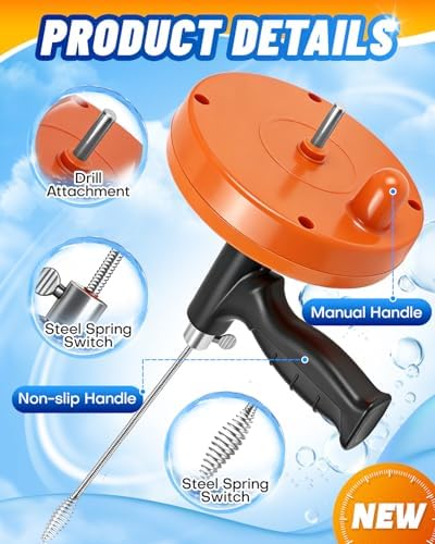 Drain Auger, 25FT Drain Snake with Drill Adapter, Flexible Plumbing Snake Clog Removal Tool with Gloves & Cloth Bag, Use Manually or Powered for Kitchen Bathroom Shower Sink