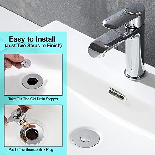 Universal Bathroom Sink Stopper - Stainless Steel Bounce Drain Filter, Pop Up Drain Stopper, Bullet Core Push Type Sink Stopper for Wash Basin, Sink Drain Plug with Anti-Clogging Strainer, Chrome