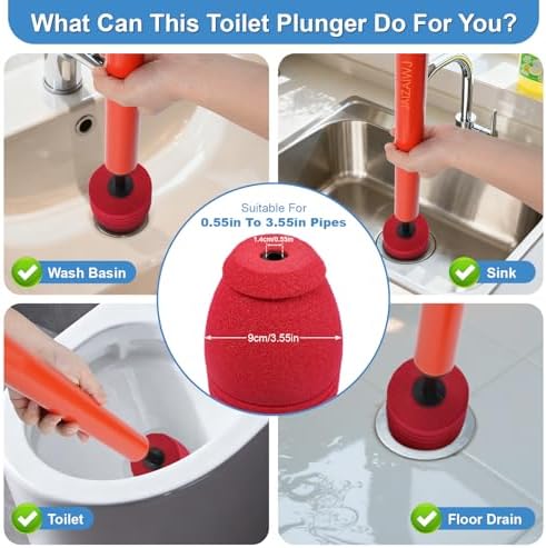 Toilet Plunger, High Pressure Air Plunger with Toilet Snake (Red)