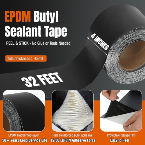 Werhoo 45 Mil EPDM Butyl Sealing Tape, 4 Inch x 32 Foot Black Self-Adhesive Weatherproof Roof Repair Membrane for Boat, Roof, Window, RV, Vent, Crawl Space