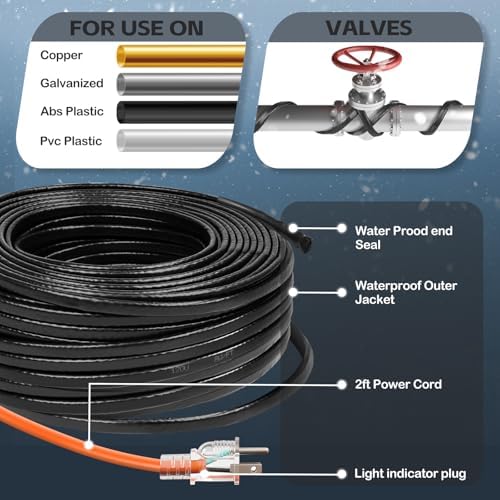 50FT（3FT-200FT）Pipe Heating Cable for Pipe Freeze Protection, Heat Cable for Water Pipes(Metal and Plastic), Pipe Heat Tape Keeps Water Flowing at -40°F 5w/ft, 120V (Pack of 2)