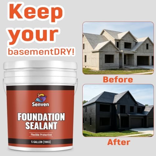 SENVEN Foundation Sealant, 5 Gal Rubber Silicone Waterproof Sealant Basement and Foundation Sealant, Black, Waterproof Concrete Sealer & Crack Filler - Flexible Waterproof Coating Indoor Outdoor