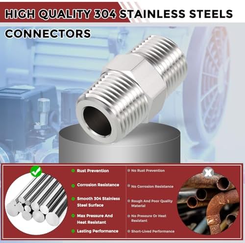Pack of 5, 1/2" Male NPT to 1/2" Male NPT SUS304 Hex Nipple | Solid Male Pipe Adapter Hose Connectors with Sealing Tape for Pipe Repair, Bathroom Remodel, Tool Extensions, Compression