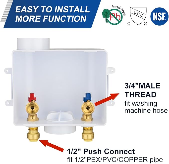 1 Piece EFIELD Push-FIT Washing Machine Outlet Box,Center Drain | 1/2"Push-fit Inlet x 3/4"MHT Outlet Washer Box-WM050(1)