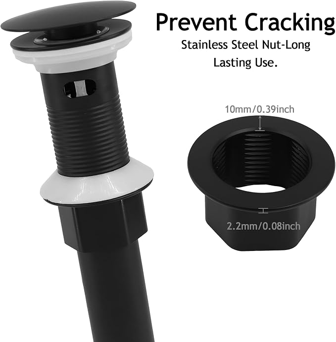 Bathroom Sink Drain,Drain Stopper Bathroom Sink with Overflow,Pop Up Drain Assembly with Detachable Strainer Basket,Built-in Anti-Clogging, Stainless Steel Nut Mattle Black
