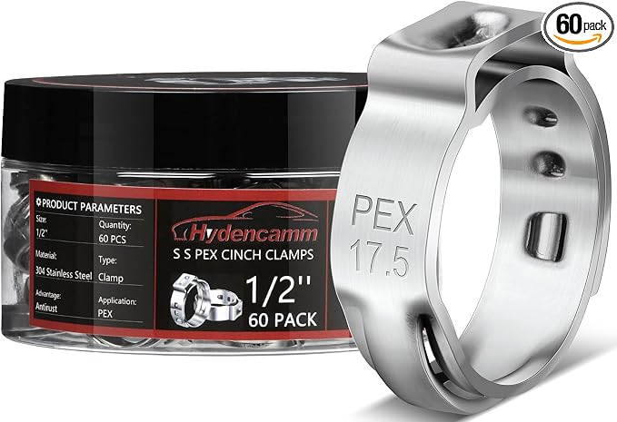 60 Pack 1/2 Inch PEX Cinch Clamps, 304 Stainless Steel | Cinch Crimp Rings, Cinch Clamps Rings with Storage Case for PEX Tubing Pipe Fitting Connections(1/2"x60)
