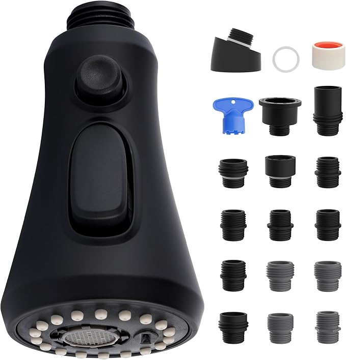 Universal Pull-Down Kitchen Faucet Sprayer Head 3-Mode, 15-Adapter, Black