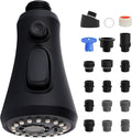 Universal Pull-Down Kitchen Faucet Sprayer Head 3-Mode, 15-Adapter, Black
