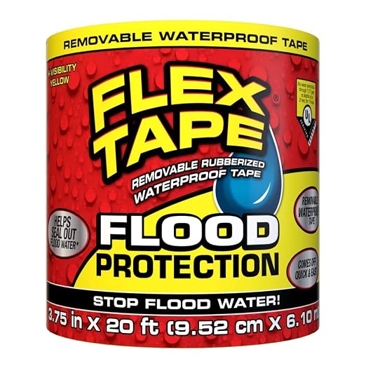 Flex Tape Flood Protection, 3.75 in x 20 ft, Waterproof Rubberized Tape, Removable, Use on Windows, Doors, Garage Doors, Casings, Thresholds, Conduits, Vents, Ducts | Removable, Use on Windows, Doors, Garage Doors, Casings, Thresholds, Conduits, Vents,...