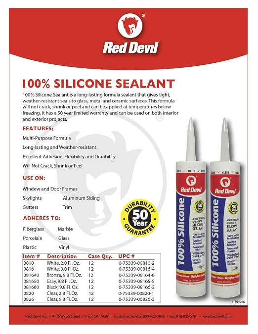 Red Devil 0820 100% Silicone Sealant Architectural Grade, 2.8 oz. Tube, Clear, 1 Pack