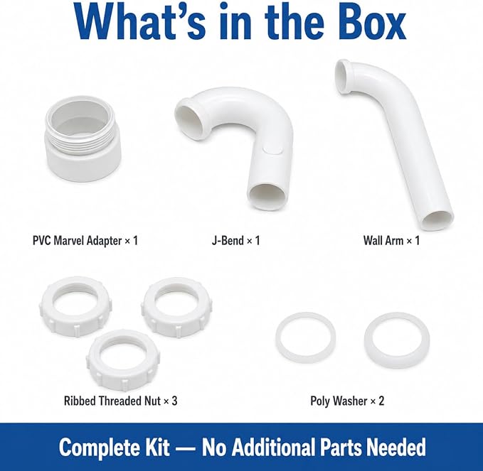 1-1/4 Inch P-Trap Kit, Polypropylene Tubular with PVC Marvel Adapter, Ribbed Threaded Nuts for Strong Leak-Free Connection, Includes J-Bend, Wall Arm & Washers