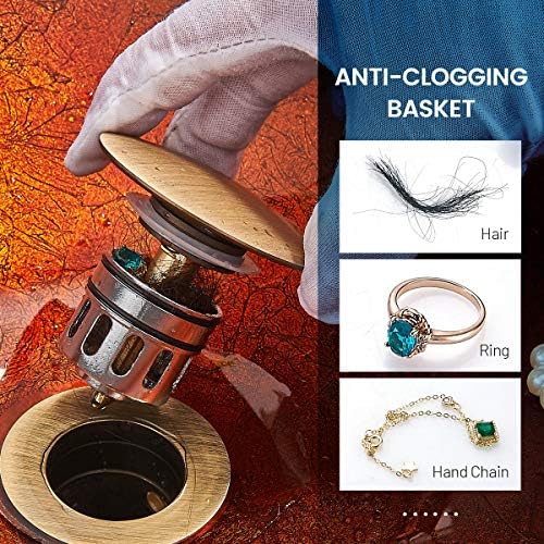 REGALMIX Antique Brass Pop UP Drain, Bathroom Vessel Lavatory Vanity Faucet Sink Stopper, Built-in Anti-Clogging Strainer, Fits Standard American Drain Hole(1-1/2" to 1-3/4"),Without Overflow RWF082S