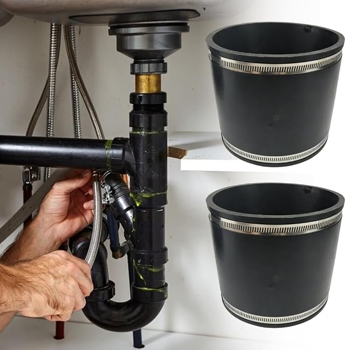 Rubber Sleeve Pipe Coupling Hose Clamps 2 Pack with Steel Band Fasteners for Drain Pipe Repair and Utility Line Maintenance